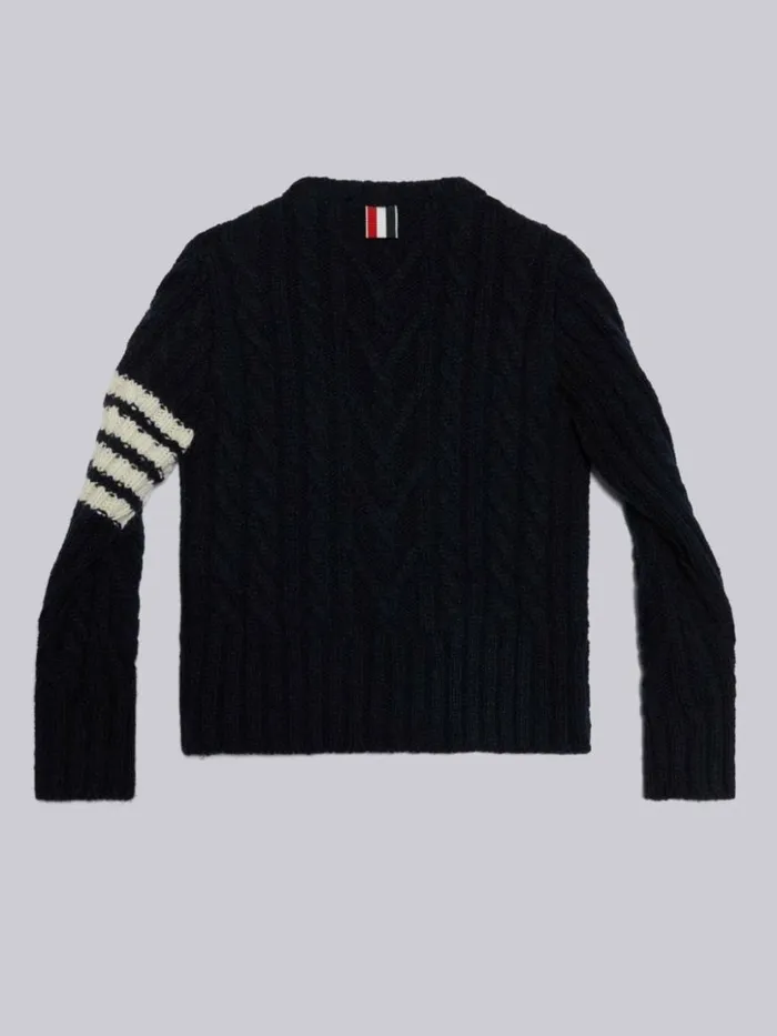 Thom Browne Fine Merino Mohair Tweed 4bar Aran Cable Crew Neck Pullover Navy GirlsBoys Knitwear