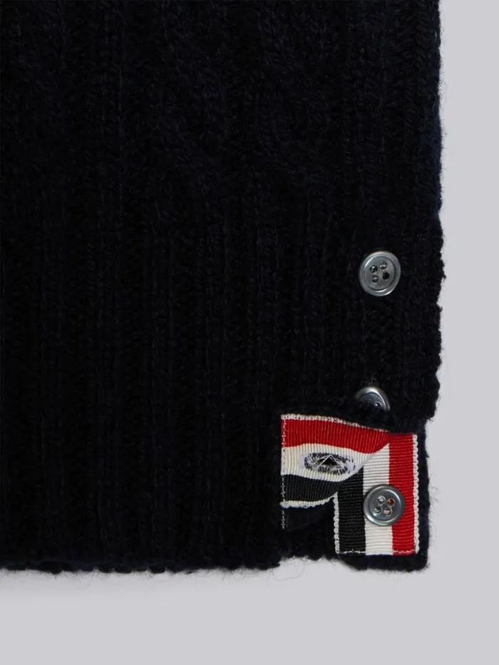 Thom Browne Fine Merino Mohair Tweed 4bar Aran Cable Crew Neck Pullover Navy GirlsBoys Knitwear