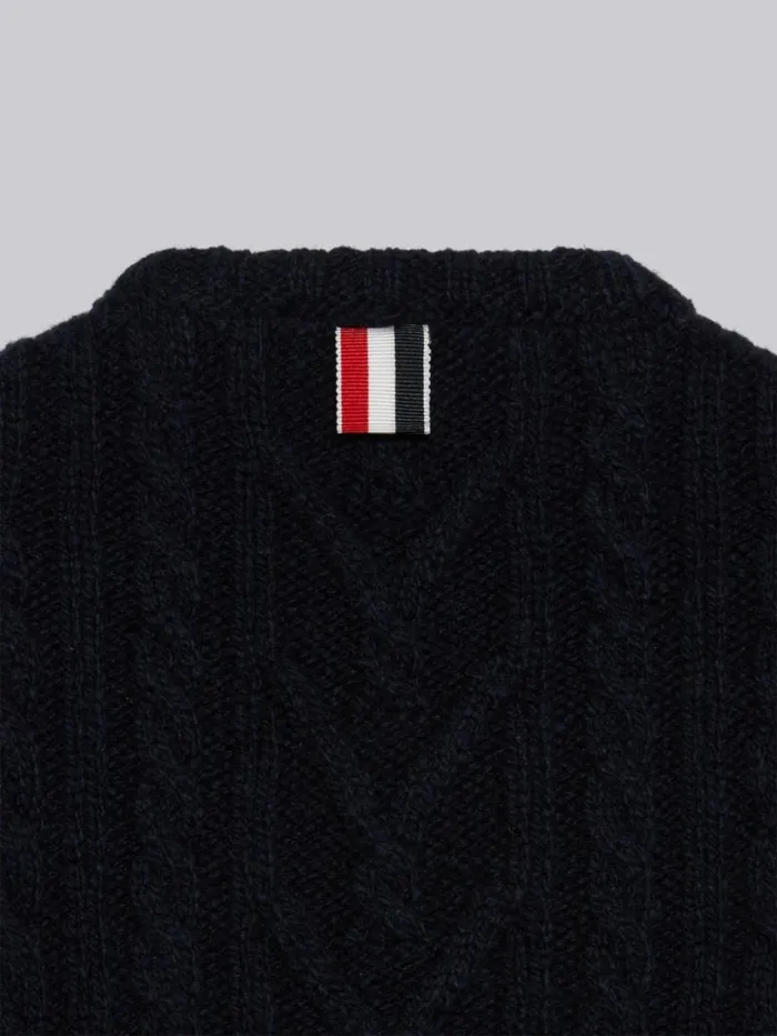 Thom Browne Fine Merino Mohair Tweed 4bar Aran Cable Crew Neck Pullover Navy GirlsBoys Knitwear
