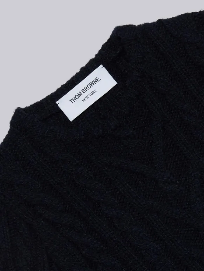 Thom Browne Fine Merino Mohair Tweed 4bar Aran Cable Crew Neck Pullover Navy GirlsBoys Knitwear