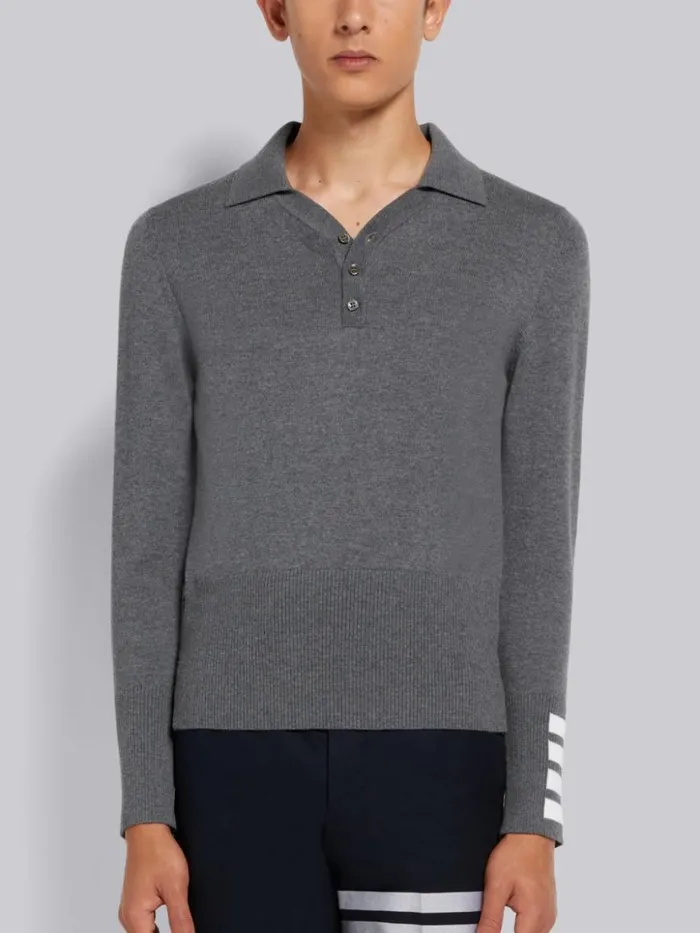 Thom Browne Fine Merino Wool 4bar Cuff Long Sleeve Polo Medium Grey Men Knitwear