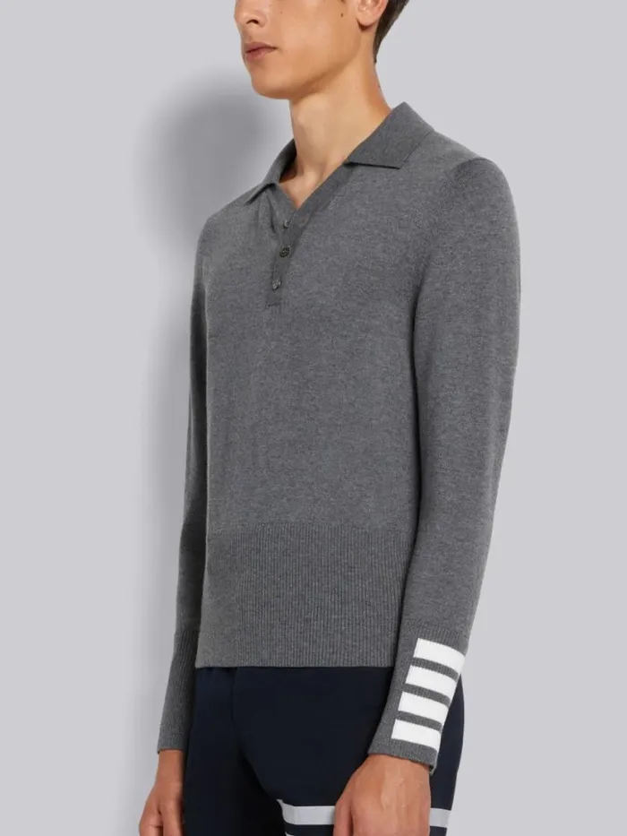 Thom Browne Fine Merino Wool 4bar Cuff Long Sleeve Polo Medium Grey Men Knitwear