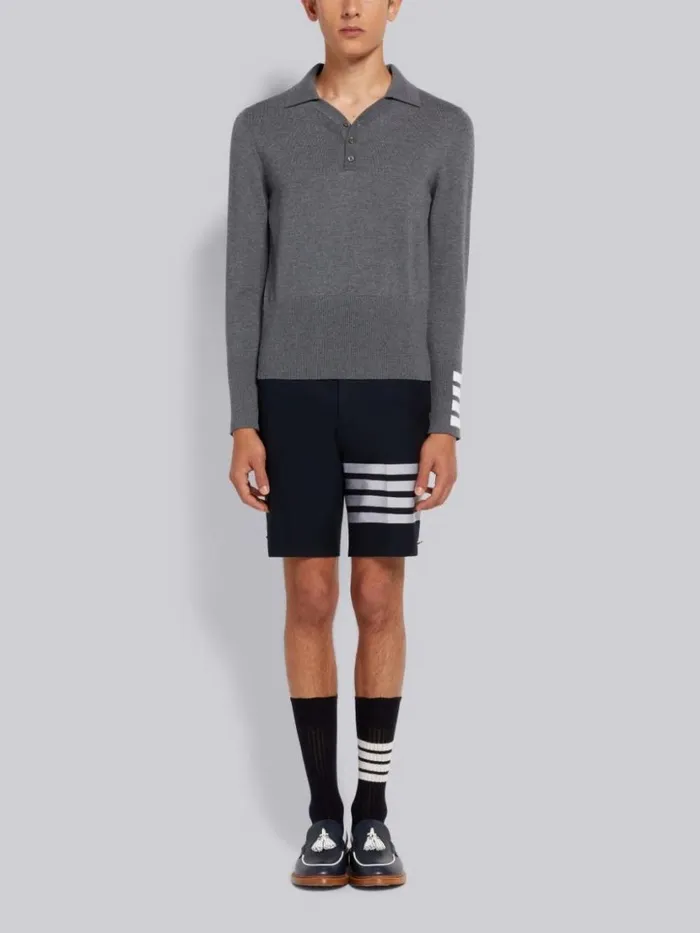 Thom Browne Fine Merino Wool 4bar Cuff Long Sleeve Polo Medium Grey Men Knitwear