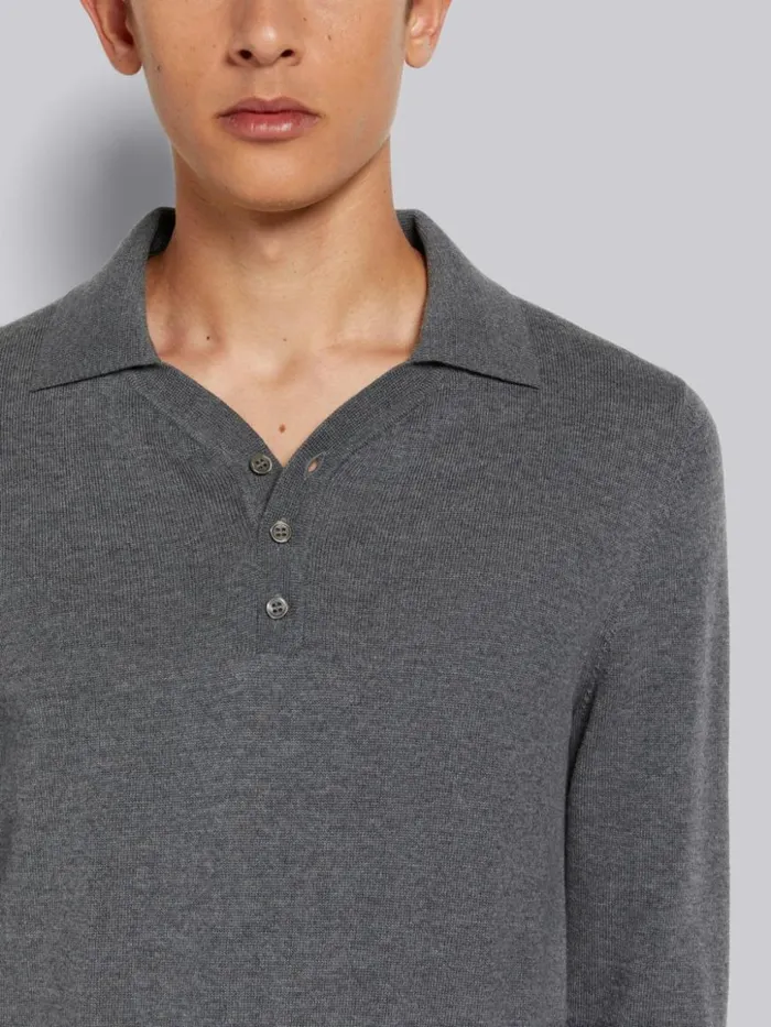 Thom Browne Fine Merino Wool 4bar Cuff Long Sleeve Polo Medium Grey Men Knitwear