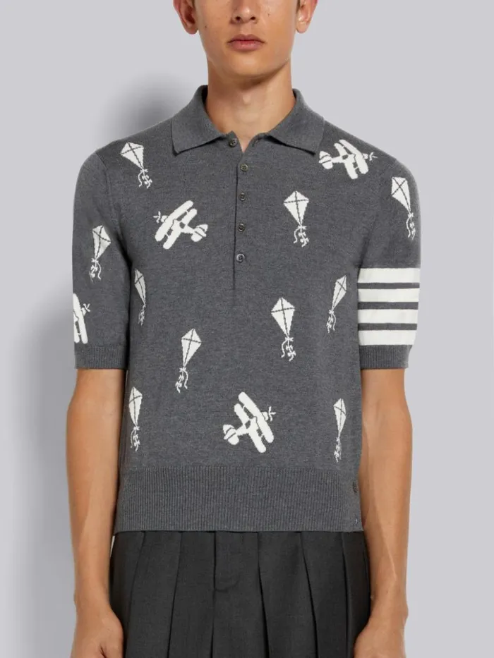 Thom Browne Fine Merino Wool Half Drop Sky Icons 4bar Relaxed Fit Polo Medium Grey Men Tshirts and Polos Thom Browne Fine Merino Wool Half Drop Sky Icons 4bar Relaxed Fit Polo Medium Grey Men Tshirts and Polos