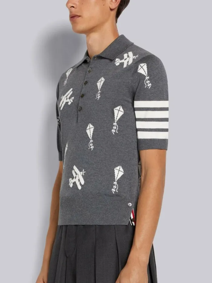 Thom Browne Fine Merino Wool Half Drop Sky Icons 4bar Relaxed Fit Polo Medium Grey Men Tshirts and Polos