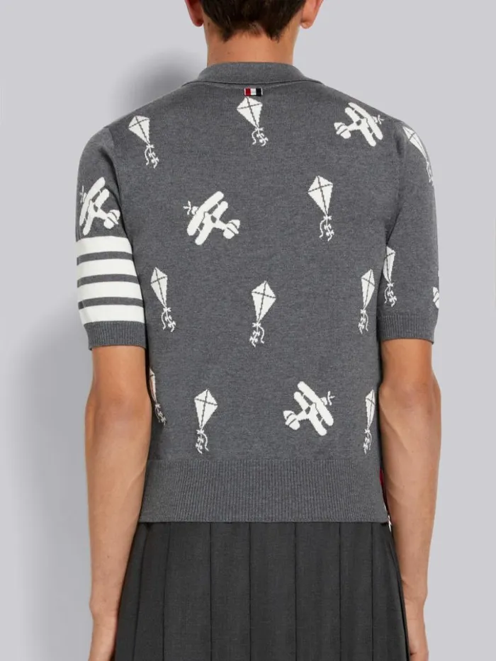 Thom Browne Fine Merino Wool Half Drop Sky Icons 4bar Relaxed Fit Polo Medium Grey Men Tshirts and Polos