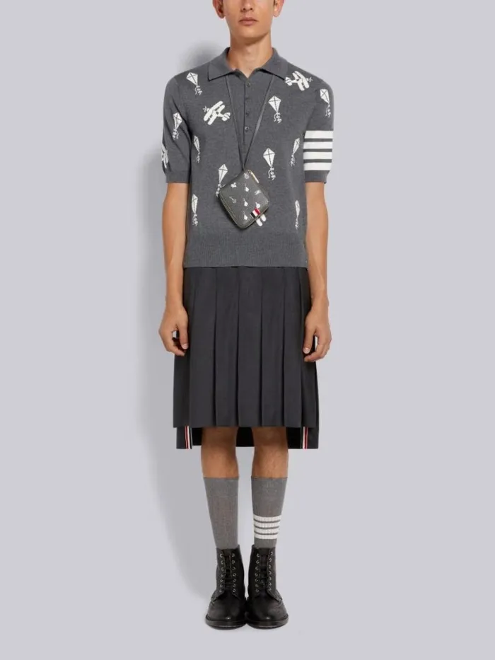 Thom Browne Fine Merino Wool Half Drop Sky Icons 4bar Relaxed Fit Polo Medium Grey Men Tshirts and Polos