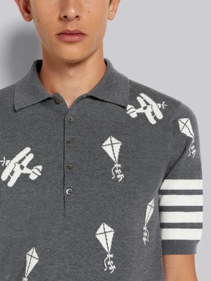 Thom Browne Fine Merino Wool Half Drop Sky Icons 4bar Relaxed Fit Polo Medium Grey Men Tshirts and Polos