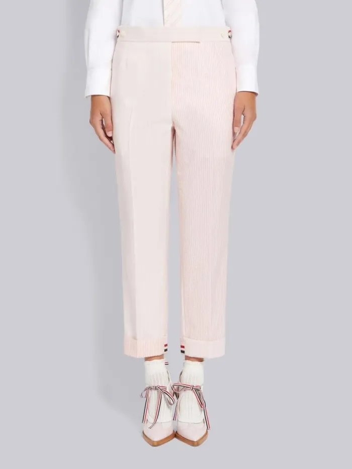 Thom Browne Funmix Hairline Stripe Twist Yarn Suiting And Wool Seersucker Low Rise Side Tab Slim Trouser Light Pink Women Trousers