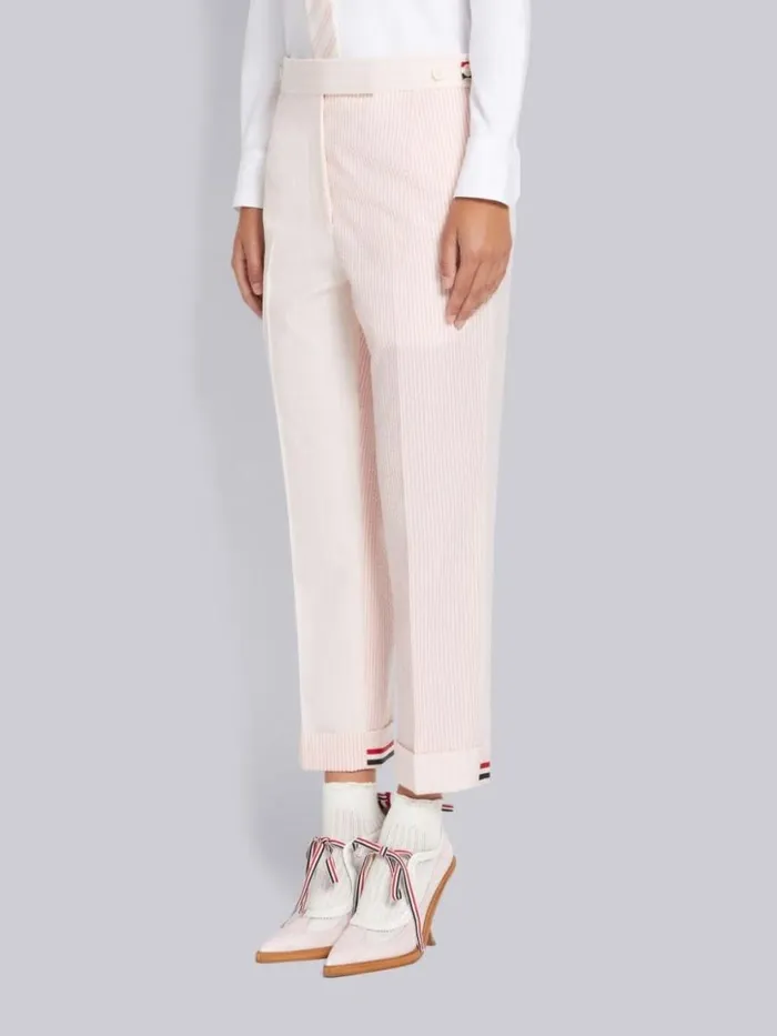 Thom Browne Funmix Hairline Stripe Twist Yarn Suiting And Wool Seersucker Low Rise Side Tab Slim Trouser Light Pink Women Trousers