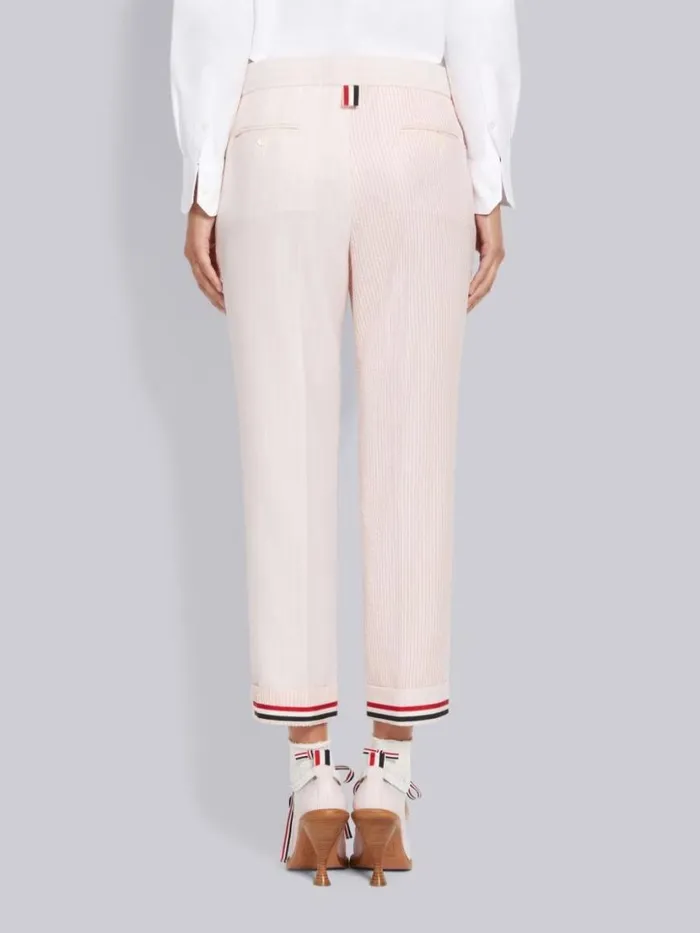 Thom Browne Funmix Hairline Stripe Twist Yarn Suiting And Wool Seersucker Low Rise Side Tab Slim Trouser Light Pink Women Trousers