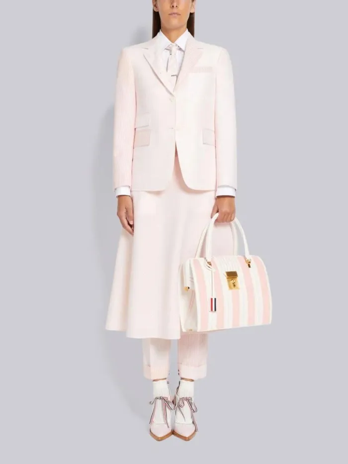 Thom Browne Funmix Hairline Stripe Twist Yarn Suiting And Wool Seersucker Low Rise Side Tab Slim Trouser Light Pink Women Trousers