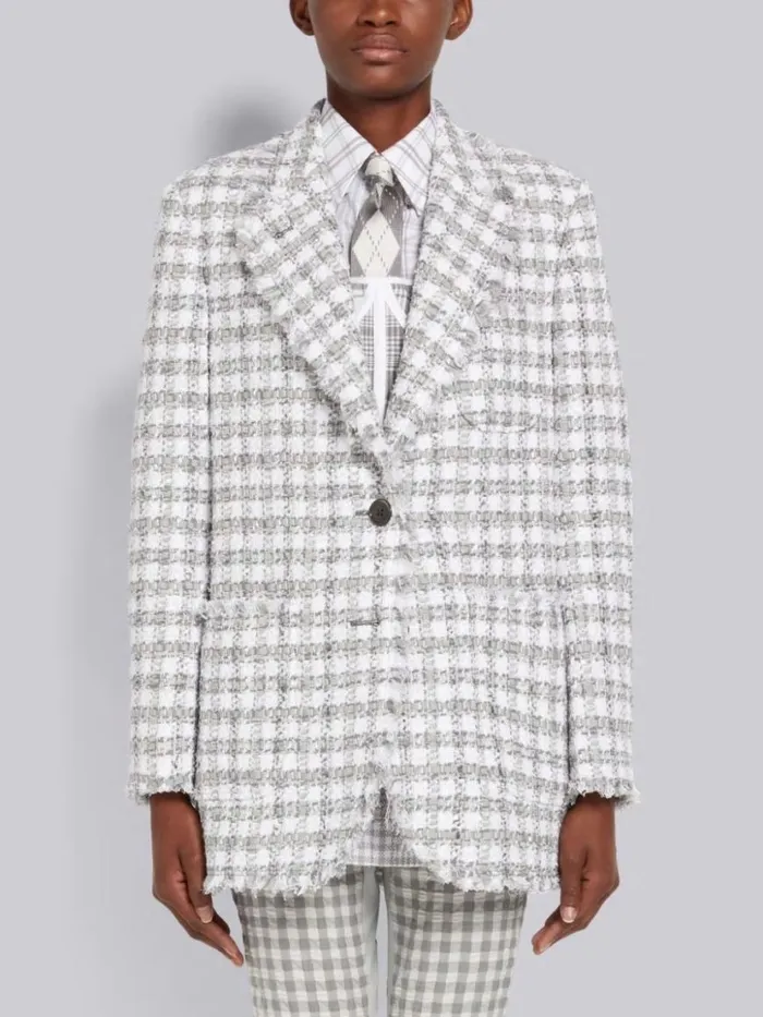 Thom Browne Gingham Check Tweed Frayed Oversized Sack Jacket Medium Grey Women Jackets