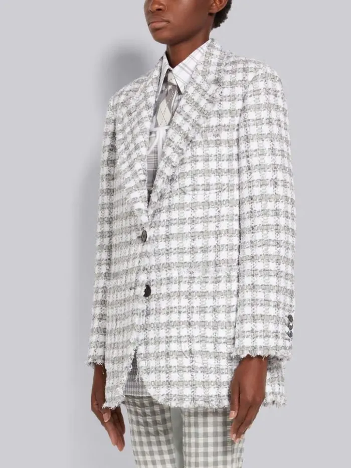Thom Browne Gingham Check Tweed Frayed Oversized Sack Jacket Medium Grey Women Jackets