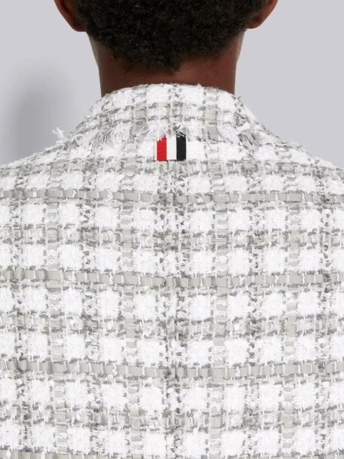 Thom Browne Gingham Check Tweed Frayed Oversized Sack Jacket Medium Grey Women Jackets