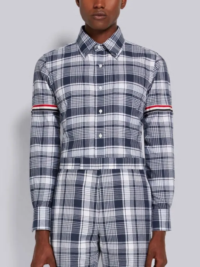 Thom Browne Hairline Madras Check Stripe Armband Straight Fit Shirt Navy Men Shirting