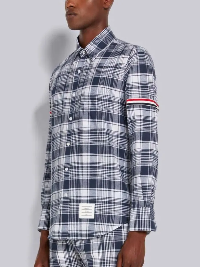 Thom Browne Hairline Madras Check Stripe Armband Straight Fit Shirt Navy Men Shirting