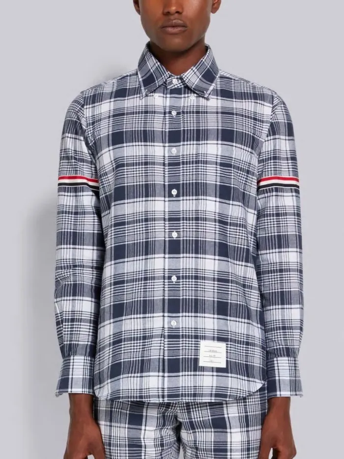 Thom Browne Hairline Madras Check Stripe Armband Straight Fit Shirt Navy Men Shirting