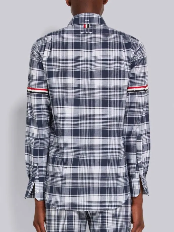 Thom Browne Hairline Madras Check Stripe Armband Straight Fit Shirt Navy Men Shirting