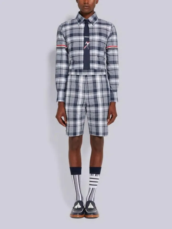 Thom Browne Hairline Madras Check Stripe Armband Straight Fit Shirt Navy Men Shirting