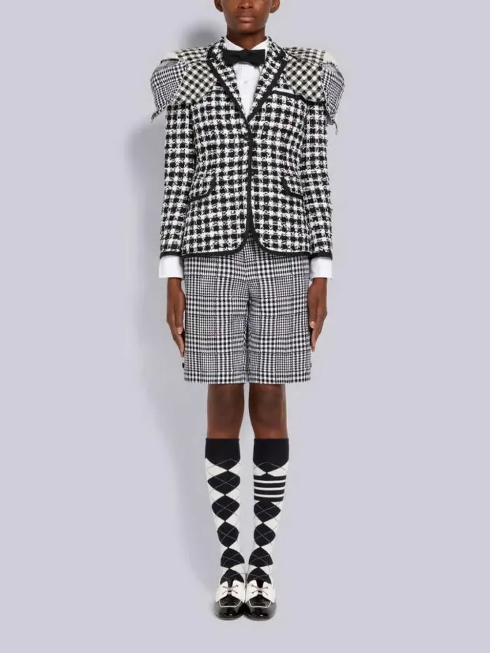 Thom Browne Large Gingham Summer Tweed Backstrap Bermuda Short Black And White Women Trousers