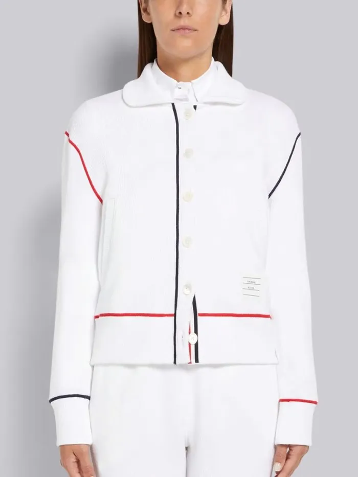 Thom Browne Mesh Back Cotton Rib Contrast Cover Stitch Round Collar Jacket White Women Sweats Thom Browne Mesh Back Cotton Rib Contrast Cover Stitch Round Collar Jacket White Women Sweats