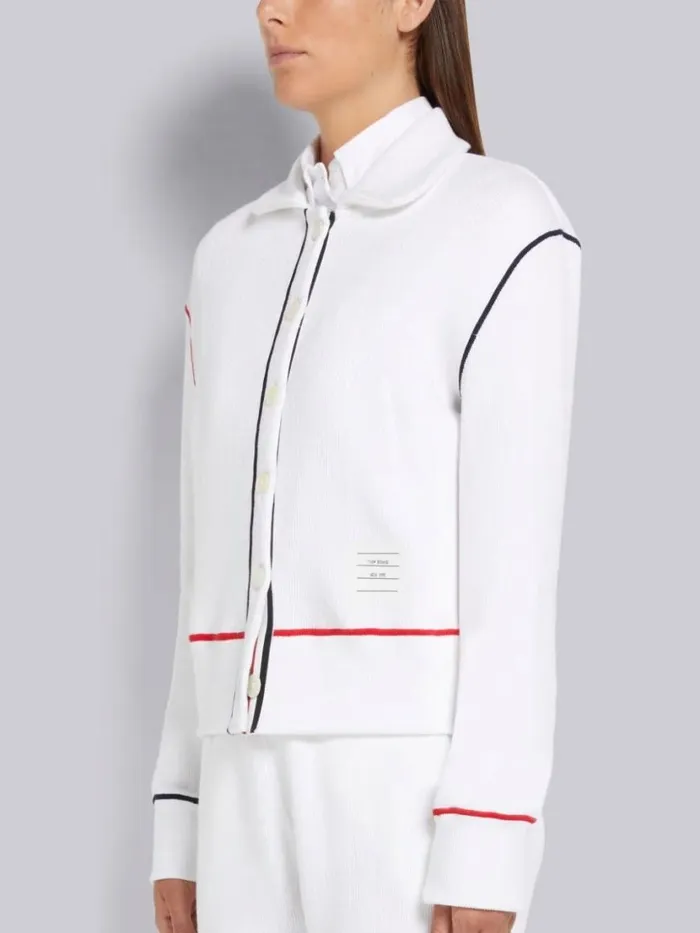 Thom Browne Mesh Back Cotton Rib Contrast Cover Stitch Round Collar Jacket White Women Sweats