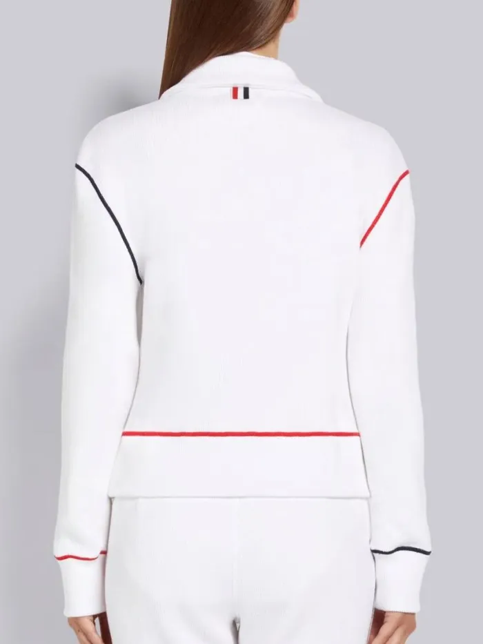 Thom Browne Mesh Back Cotton Rib Contrast Cover Stitch Round Collar Jacket White Women Sweats