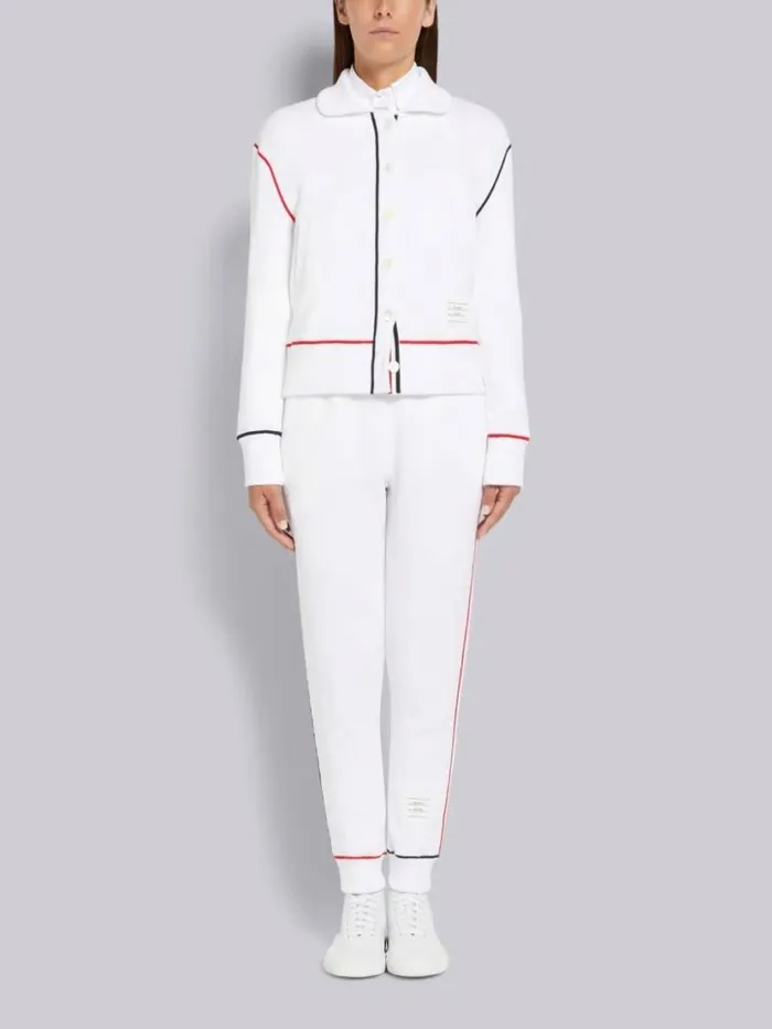 Thom Browne Mesh Back Cotton Rib Contrast Cover Stitch Round Collar Jacket White Women Sweats