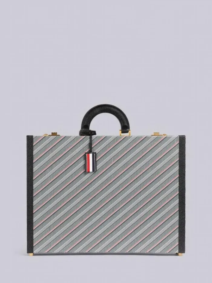 Thom Browne Monogram Coated Canvas Leather Frame Attache Case Medium Grey WomenMen Handbags and Totes Thom Browne Monogram Coated Canvas Leather Frame Attache Case Medium Grey WomenMen Handbags and Totes