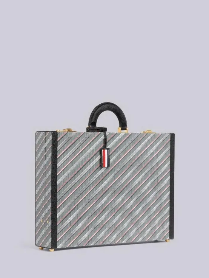 Thom Browne Monogram Coated Canvas Leather Frame Attache Case Medium Grey WomenMen Handbags and Totes