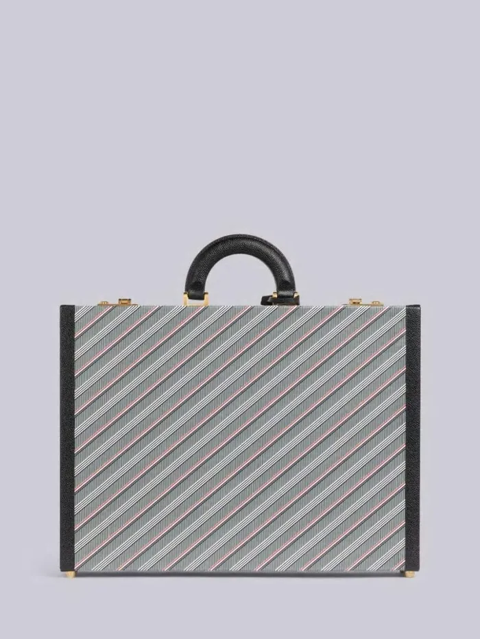 Thom Browne Monogram Coated Canvas Leather Frame Attache Case Medium Grey WomenMen Handbags and Totes