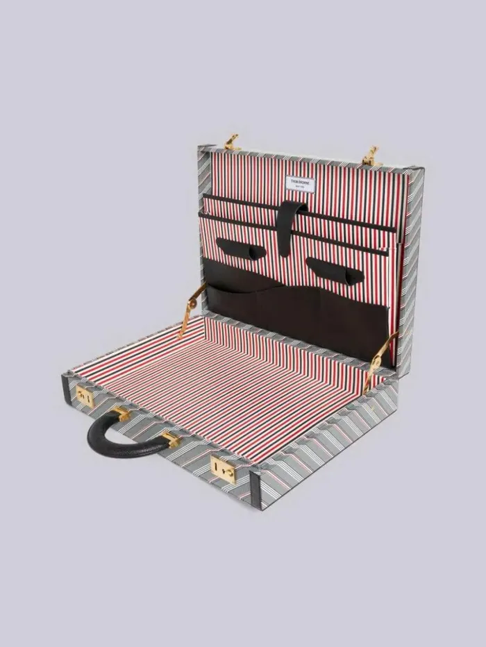 Thom Browne Monogram Coated Canvas Leather Frame Attache Case Medium Grey WomenMen Handbags and Totes