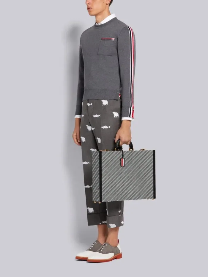 Thom Browne Monogram Coated Canvas Leather Frame Attache Case Medium Grey WomenMen Handbags and Totes