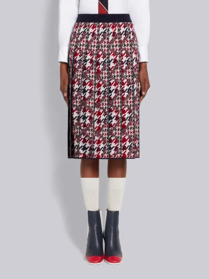 Thom Browne Multicolor Frayed Houndstooth Wool Cotton Jacquard Pleated Belowtheknee Skirt Rwbwht Women Skirts