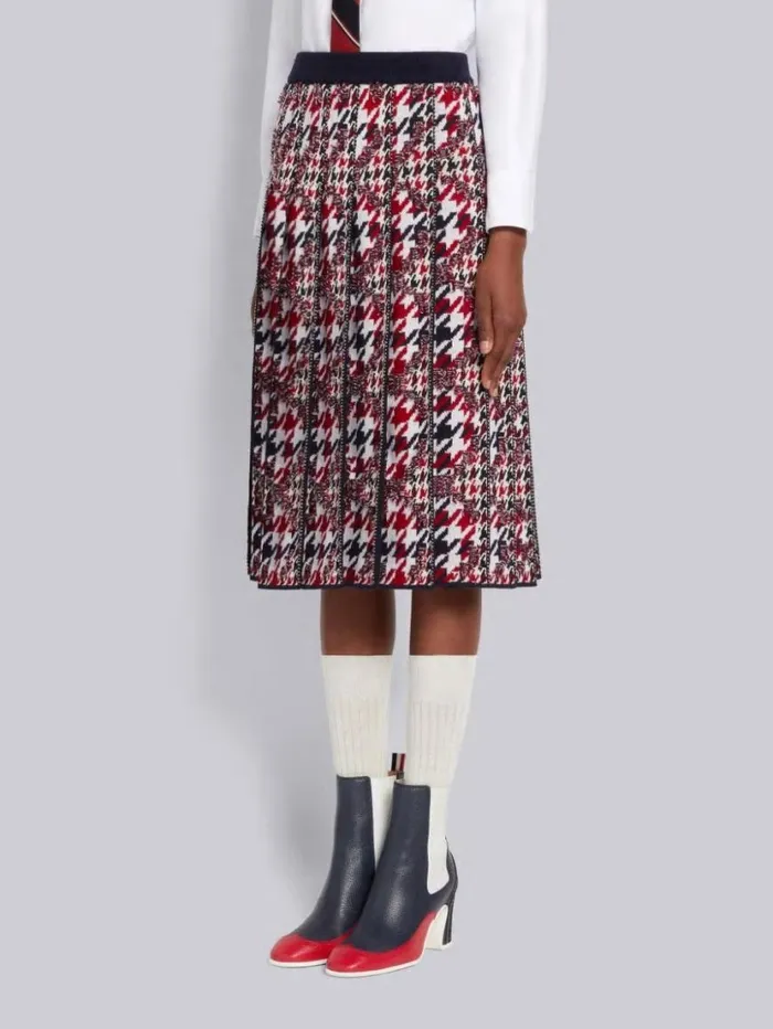 Thom Browne Multicolor Frayed Houndstooth Wool Cotton Jacquard Pleated Belowtheknee Skirt Rwbwht Women Skirts