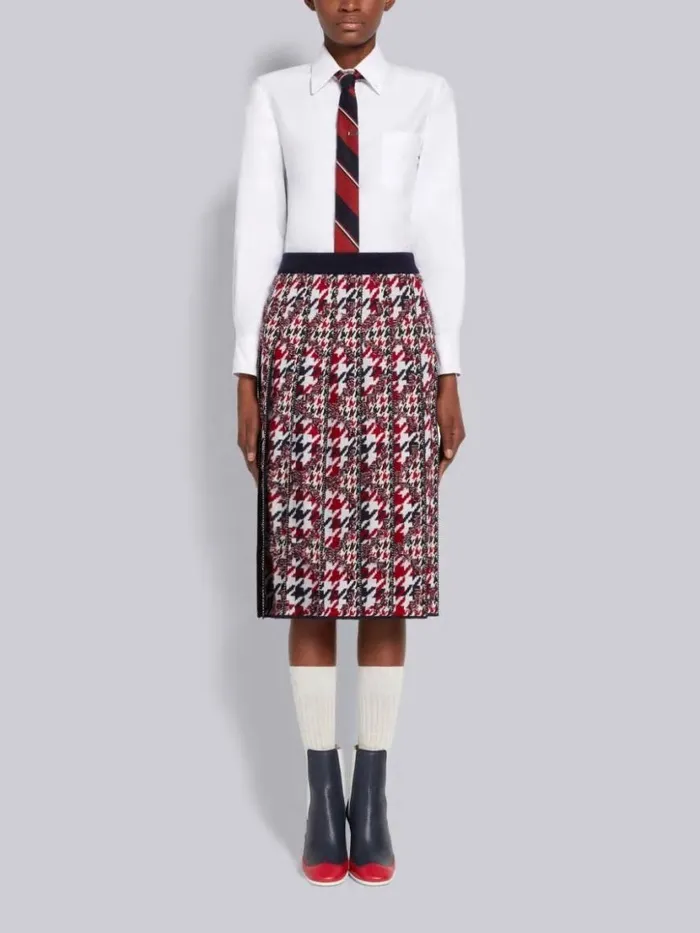 Thom Browne Multicolor Frayed Houndstooth Wool Cotton Jacquard Pleated Belowtheknee Skirt Rwbwht Women Skirts