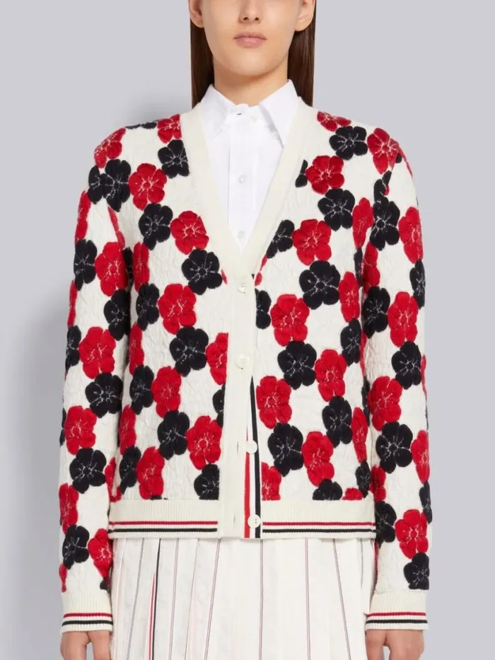 Thom Browne Multicolor Wool Cotton Silk Mixed Floral Jacquard Vneck Cardigan Rwbwht Women Knitwear Thom Browne Multicolor Wool Cotton Silk Mixed Floral Jacquard Vneck Cardigan Rwbwht Women Knitwear
