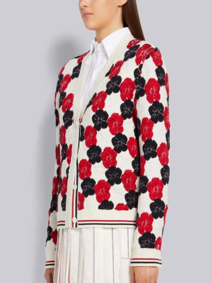 Thom Browne Multicolor Wool Cotton Silk Mixed Floral Jacquard Vneck Cardigan Rwbwht Women Knitwear