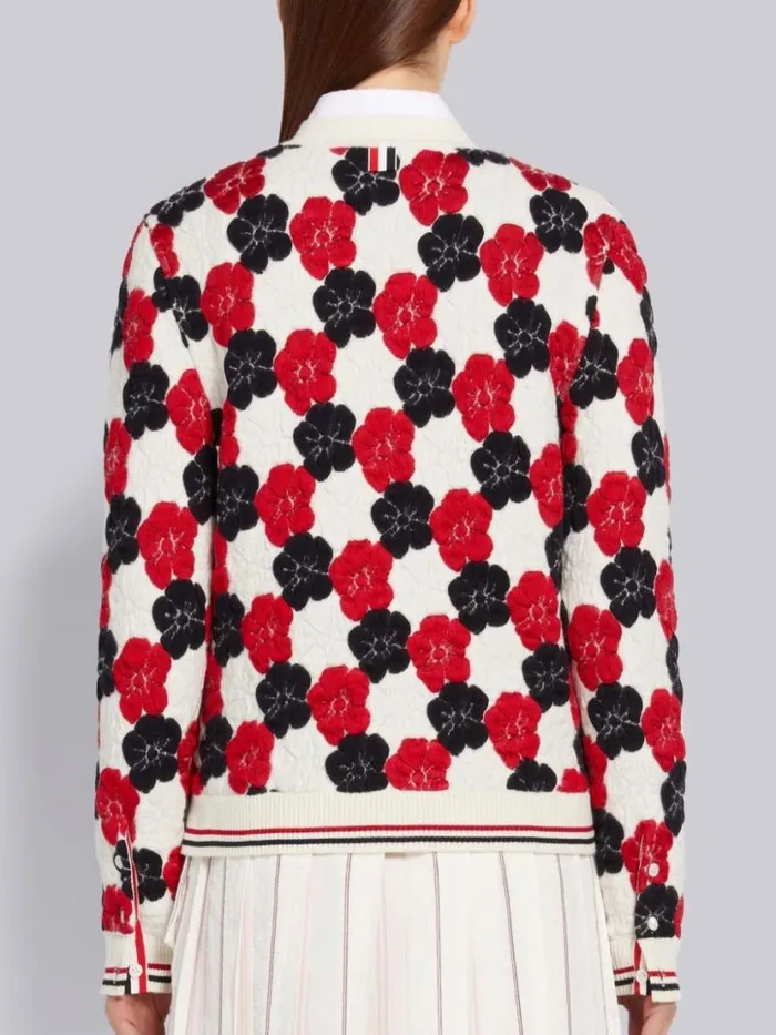 Thom Browne Multicolor Wool Cotton Silk Mixed Floral Jacquard Vneck Cardigan Rwbwht Women Knitwear