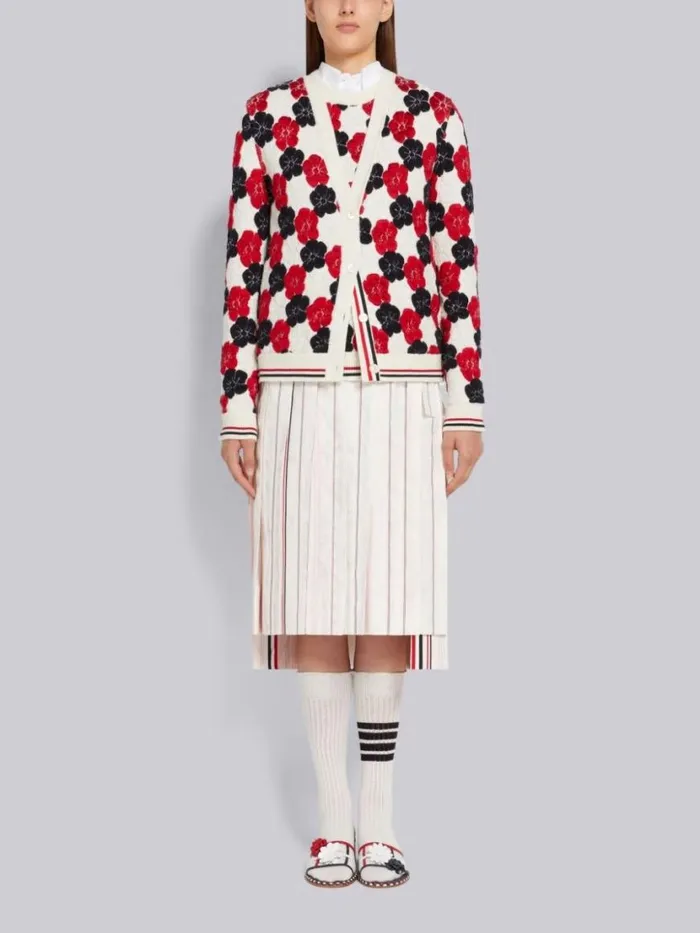 Thom Browne Multicolor Wool Cotton Silk Mixed Floral Jacquard Vneck Cardigan Rwbwht Women Knitwear