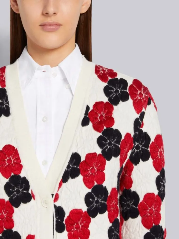 Thom Browne Multicolor Wool Cotton Silk Mixed Floral Jacquard Vneck Cardigan Rwbwht Women Knitwear