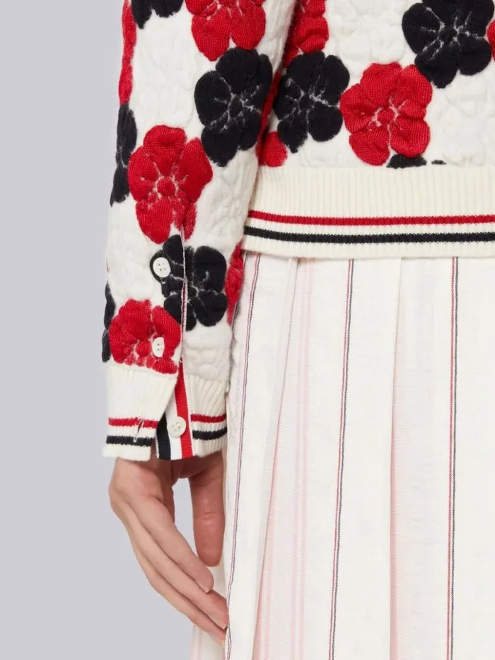 Thom Browne Multicolor Wool Cotton Silk Mixed Floral Jacquard Vneck Cardigan Rwbwht Women Knitwear
