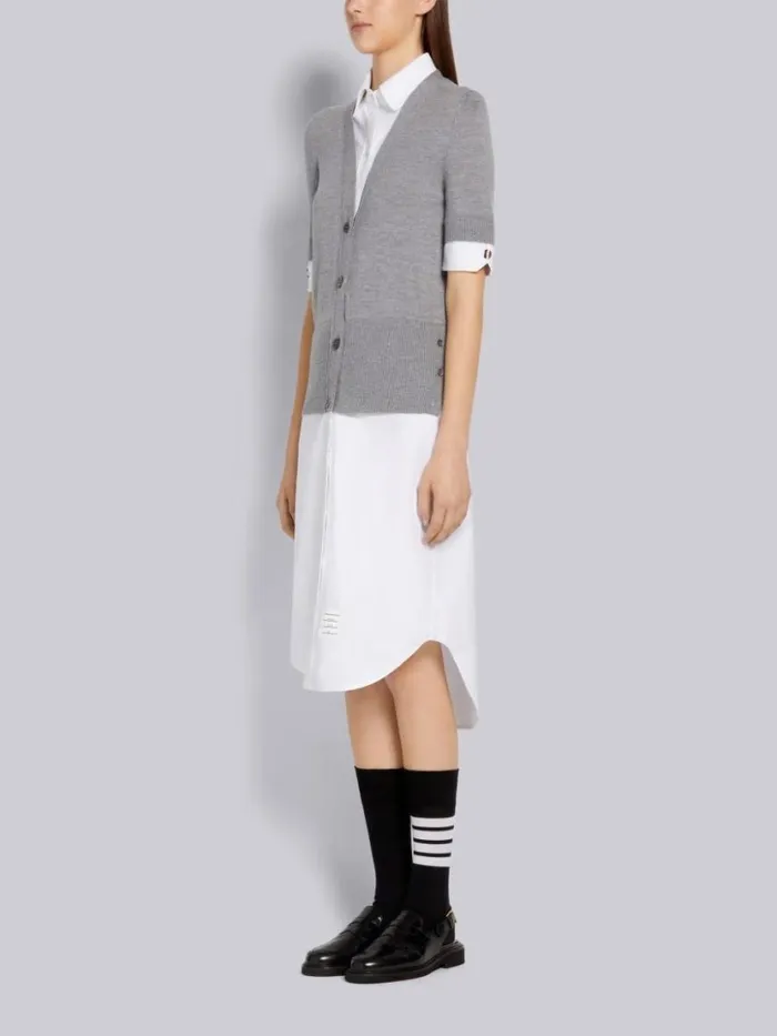 Thom Browne Oxford And Fine Merino Wool Vneck Pullover Combo Shirtdress Light Grey Women Dresses