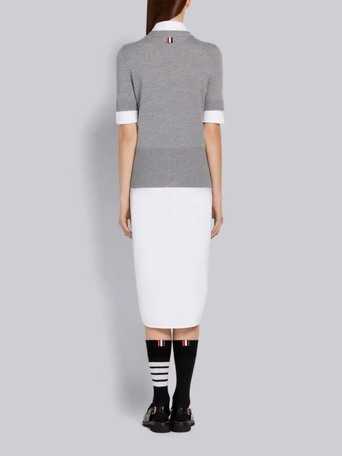 Thom Browne Oxford And Fine Merino Wool Vneck Pullover Combo Shirtdress Light Grey Women Dresses