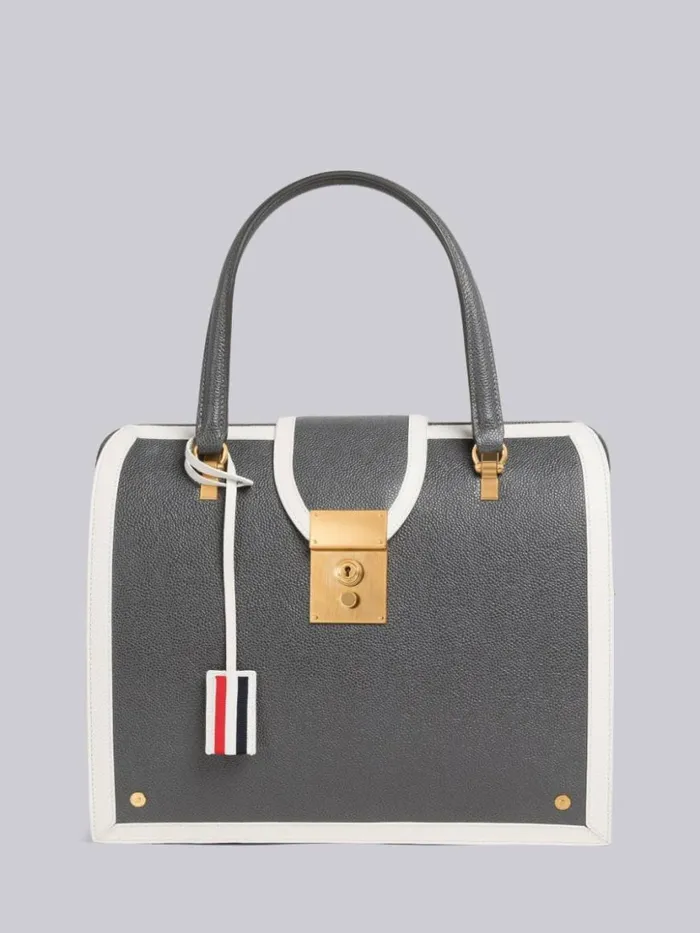 Thom Browne Pebble Grain Leather Contrast Leather Frame Mrs Thom Bag Dark Grey Women Handbags and Totes Thom Browne Pebble Grain Leather Contrast Leather Frame Mrs Thom Bag Dark Grey Women Handbags and Totes