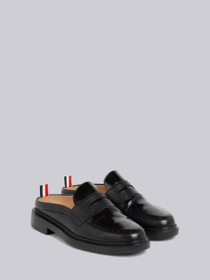 Thom Browne Pebbled Calfskin Penny Loafer Mule Black Men Brogues and Loafers Thom Browne Pebbled Calfskin Penny Loafer Mule Black Men Brogues and Loafers