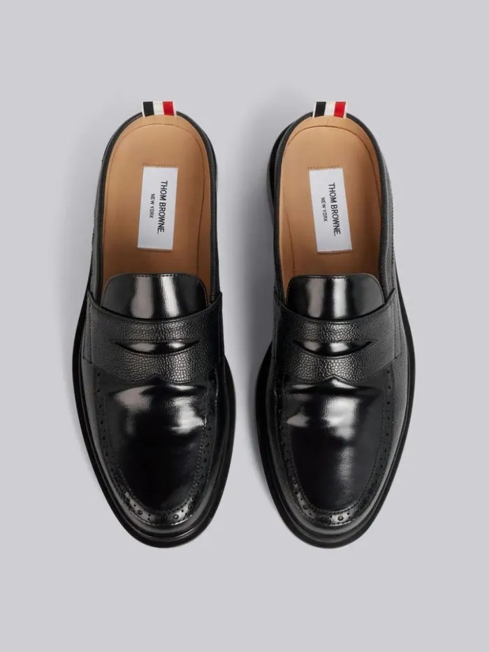 Thom Browne Pebbled Calfskin Penny Loafer Mule Black Men Brogues and Loafers Thom Browne Pebbled Calfskin Penny Loafer Mule Black Men Brogues and Loafers