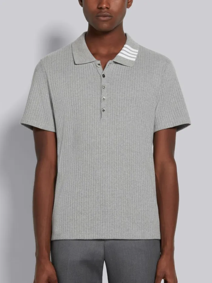 Thom Browne Ribbed Shortsleeve Polo Shirt Light Grey Men Tshirts and Polos